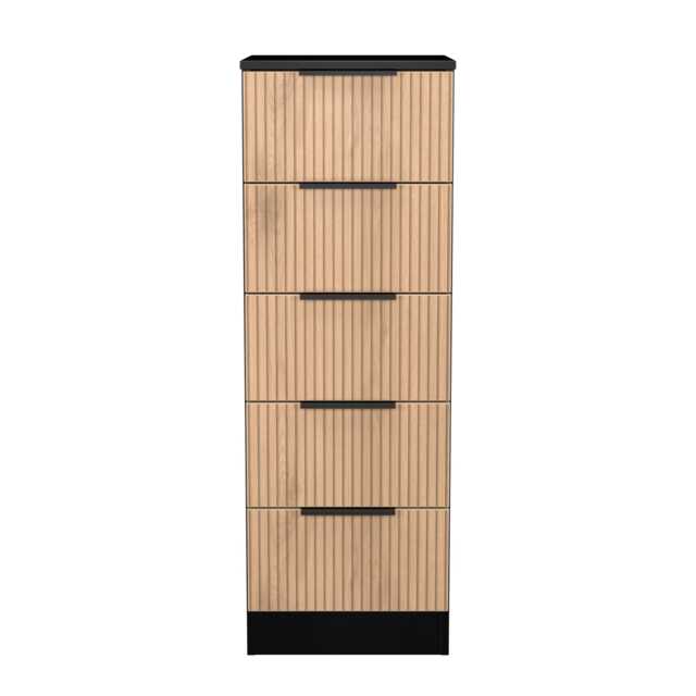 Crete 5 Drawer Tall Bedside Cabinet in Slatted Effect & Black (Ready Assembled) Black Slatted Effect / Black
