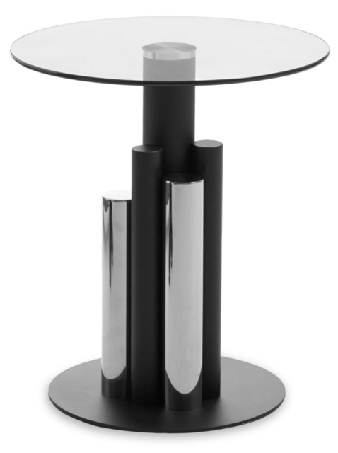 Orsina Glass Silver And Black Base Side Table, Clear Tempered Glass Round Tabletop, Modern Column Base