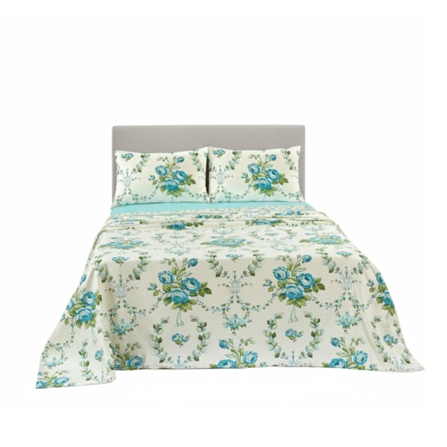 Soft Floral Brushed Cotton Fitted Flat Sheet And Matching Pillowcases Blue King