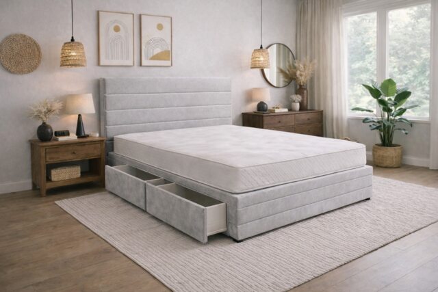 Divan Bed Set Headboard and Footboard with Mattress 4ft6 Double Silver Suede Storage No Drawers