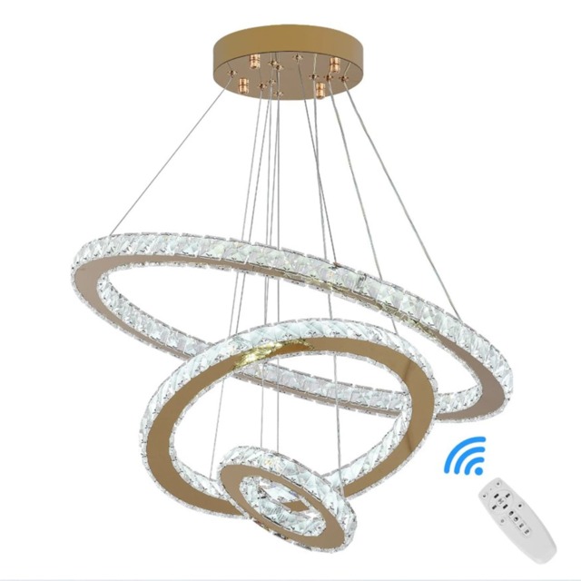 Gold Crystal Pendant Light Ring Chandelier LED Dimmable with Remote (60+40+20cm)