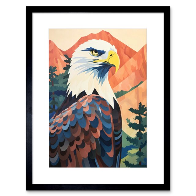 "Majestic Bald Eagle Forest Mountain Landscape 9x7"" Black Framed Wall Art Print"