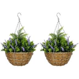 Outsunny Pack of 2 FauPlant Artificial Lavender Flowers Hanging Planter with Basket for Indoor Decoration, Purple