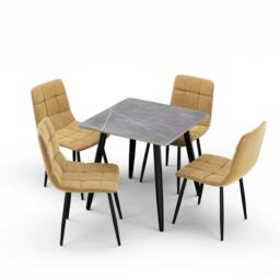 5-Piece Dining Set - 80cm Square Sintered Stone Table and 4 Velvet Chairs with Metal Legs Grey Grey & Yellow 1