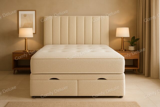Cream teddy boucle 4ft6 ottoman foot lift bed set headboard and mattress