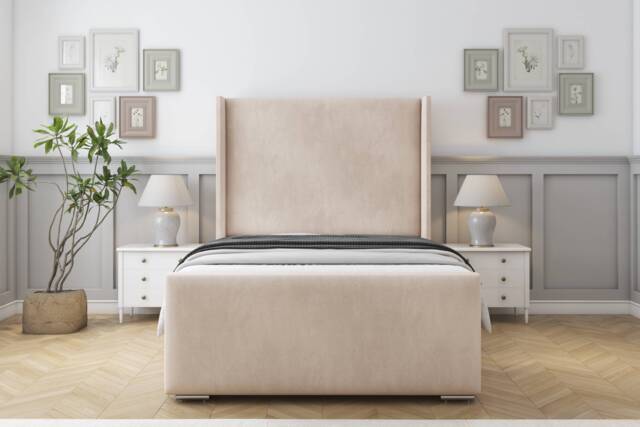 "Sloomy Devonshire Sand Naples Bed Frame With 50"" Upholstered Wingback Headboard 4'6 Double"