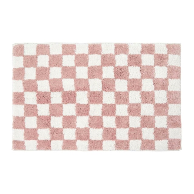 Homescapes Pink & White Check Cotton Non Slip Bath Mat Pink 50 x 80 cm