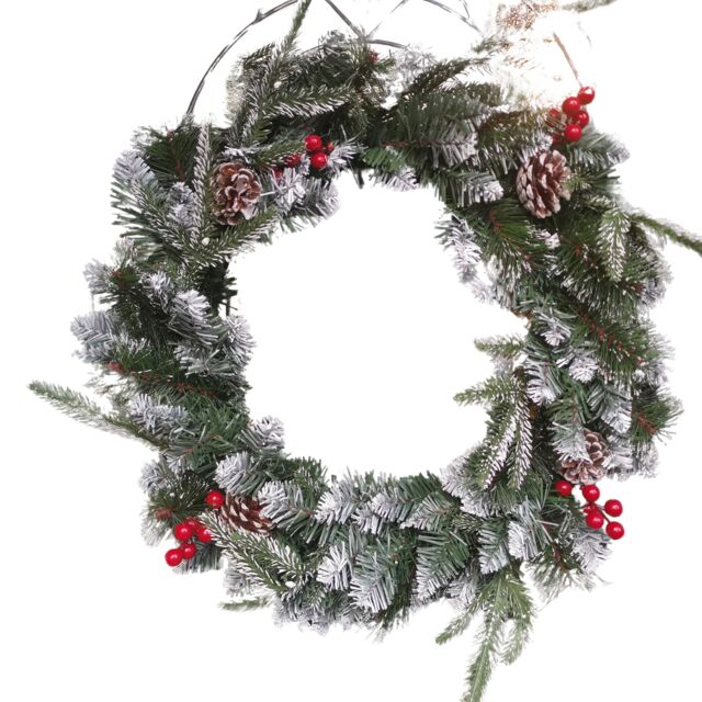 50cm Premier New Jersey Christmas Wreath PVC Snowy Tips With Festive Berries And Cone