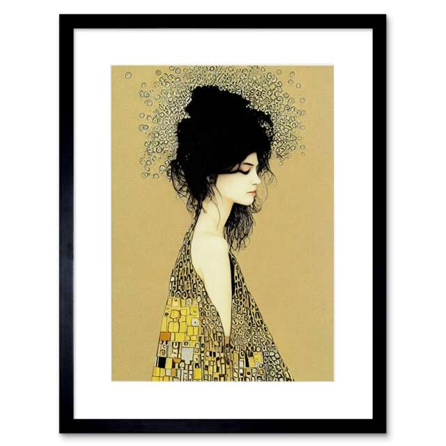 "Klimt Style Woman Colourful Shawl Painting 9x7"" Black Framed Wall Art Print"