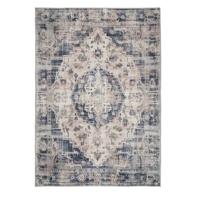 Beige Blue Distressed Vintage Medallion Washable Living Room Area Rug-120x170cm Cream