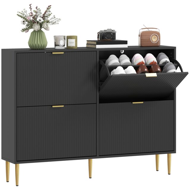 HOMCOM Slim Shoe Storage Cabinet with 4 Flip Drawers for Hallway, Black Black