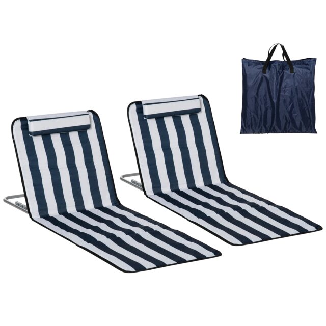 Outsunny 2 Pieces Outdoor Beach Mat Steel Reclining Chair Set w/ Pillow Blue Blue Blue and White Stripes L