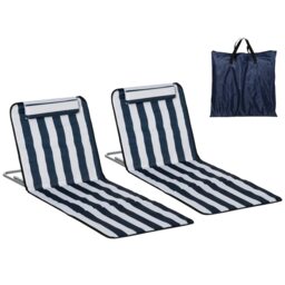 Outsunny 2 Pieces Outdoor Beach Mat Steel Reclining Chair Set w/ Pillow Blue Blue Blue and White Stripes L