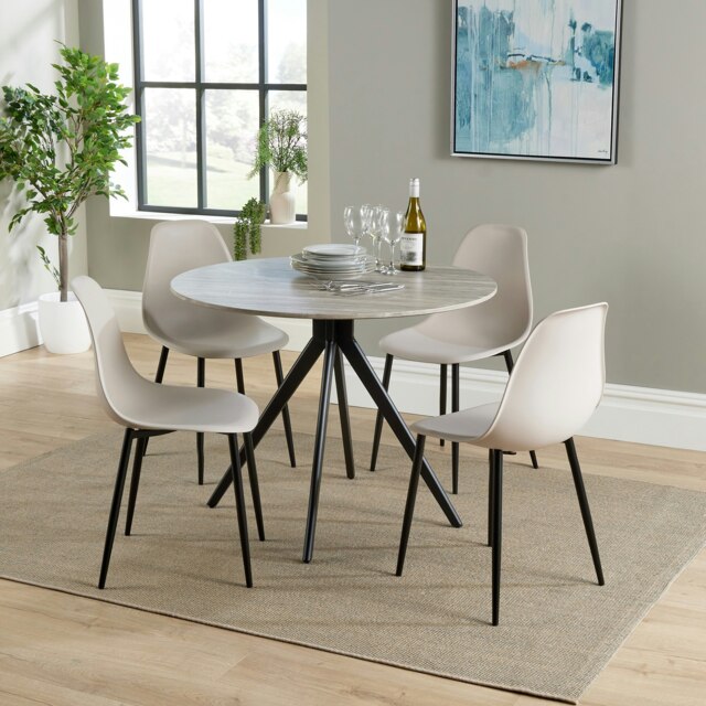 Aspen Grey Oak Effect 100cm Round Dining Table with 4 Curve Plastic Chairs - Modern Dining Set Brown Calico One Size 1