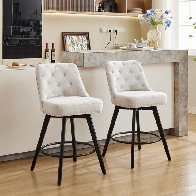 Set of 2 Linen Fabric Swivel Bar Stools with Button Tufted Back - Beige