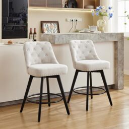 Set of 2 Linen Fabric Swivel Bar Stools with Button Tufted Back - Beige