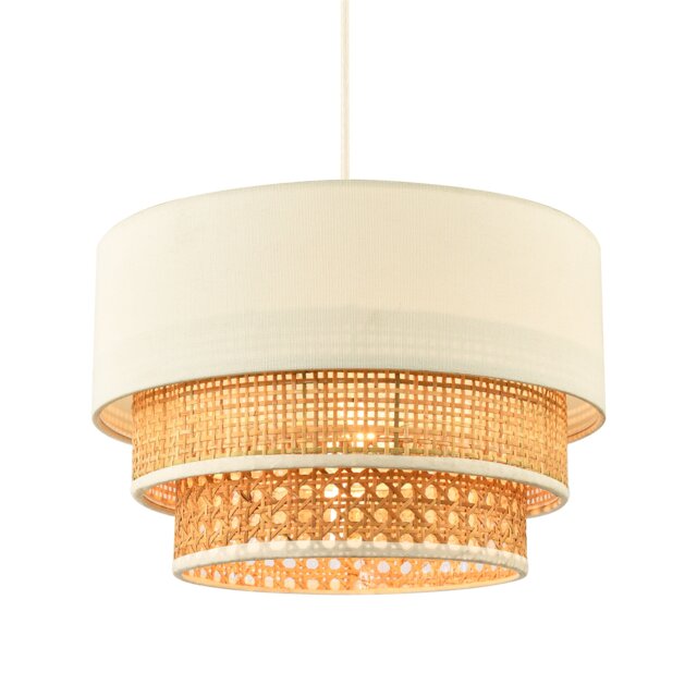 Contemporary Triple Tier Cream Linen and Natural Rattan Pendant Shade Brown Brown 1