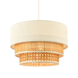 Contemporary Triple Tier Cream Linen and Natural Rattan Pendant Shade Brown Brown 1
