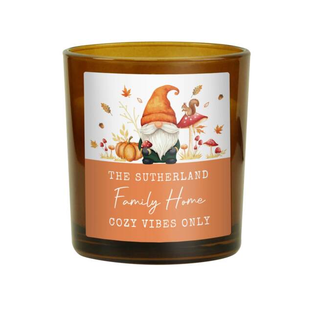 Personalised Autumn Gonk Amber Glass Candle Brown