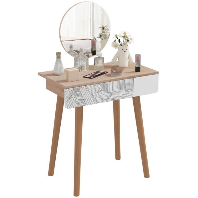 HOMCOM Dressing Table with Drawer and Mirror height adjustable Wooden Oak Color Bedroom Dressing Room Elegant and Durable