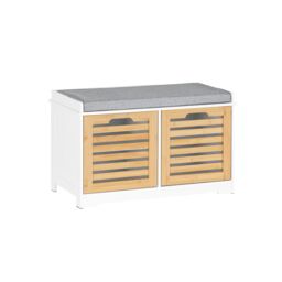 SoBuy Shoe Storage Bench with Seat Cushion, 2 Slatted Doors, White + Natural, 27.9x13.7x16.9 in, 13.65 kg - FSR23-II-WN