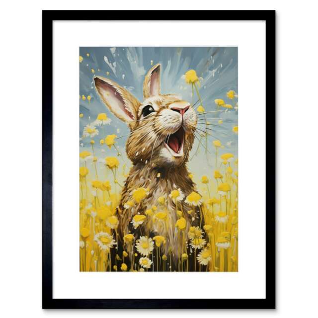 "Happy Bunny Rabbit Playing a Field of Daisies 9x7"" Black Framed Wall Art Print"