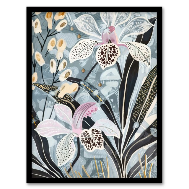 Orchid Flowers Exotic Dark Floral Bloom Black Framed Wall Art Print A4