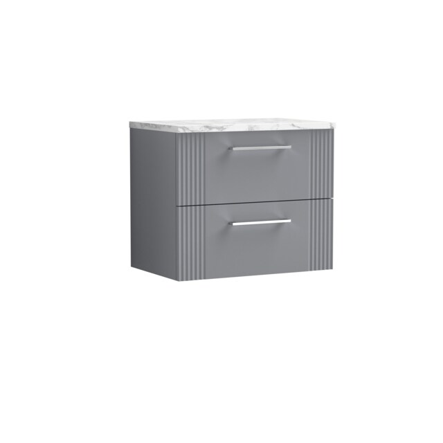 Balterley Partial Fluted 2 Drawer Wall Hung Vanity Unit with Carrera Marble Laminate Worktop Grey Satin Grey 2