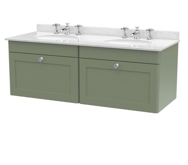 Balterley Swynnerton Traditional 2 Drawer Wall Hung Vanity Unit with Double Marble Basin, Satin Green, 1200mm
