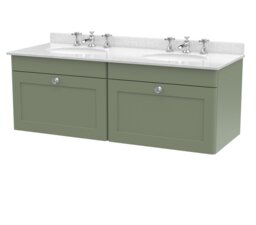 Balterley Swynnerton Traditional 2 Drawer Wall Hung Vanity Unit with Double Marble Basin, Satin Green, 1200mm