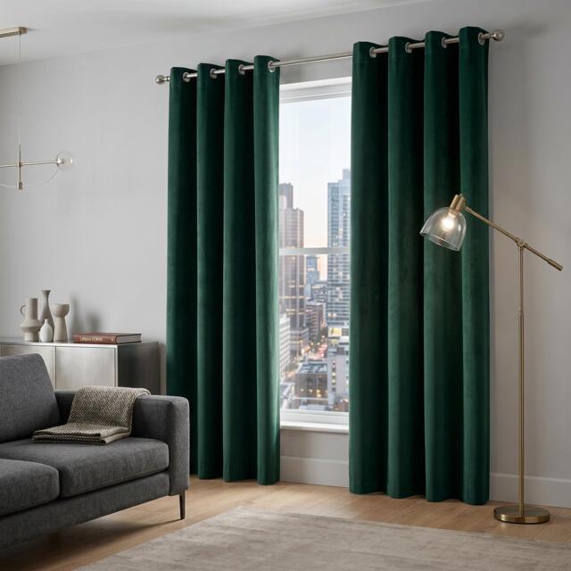 Velvet Chenille Eyelet Curtains Ready Made Pair - 142cm x 137cm - Green