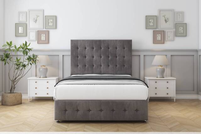 "Sloomy Berlin Slate Naples Divan Bed With Mattress 2 Drawers Right Side With 54"" Floor Standing Headboard & 12"" Matching Footboard 2'6 Small Single Grey Slate Small Single 1"