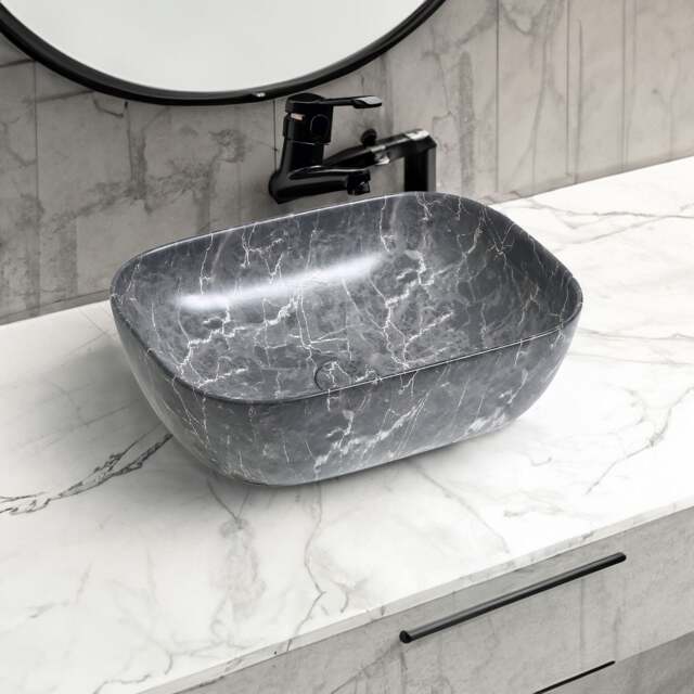 Limoge 7840BM Ceramic Oblong Countertop Basin in Black Marble Effect