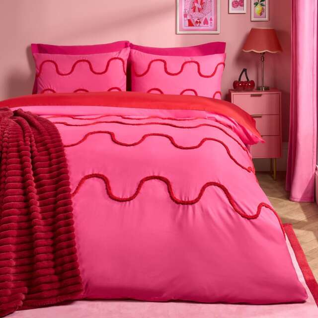 OHS Tufted Wave Bedding Set Modern Duvet Cover with Pillowcase Pink Hot Pink/Red Single