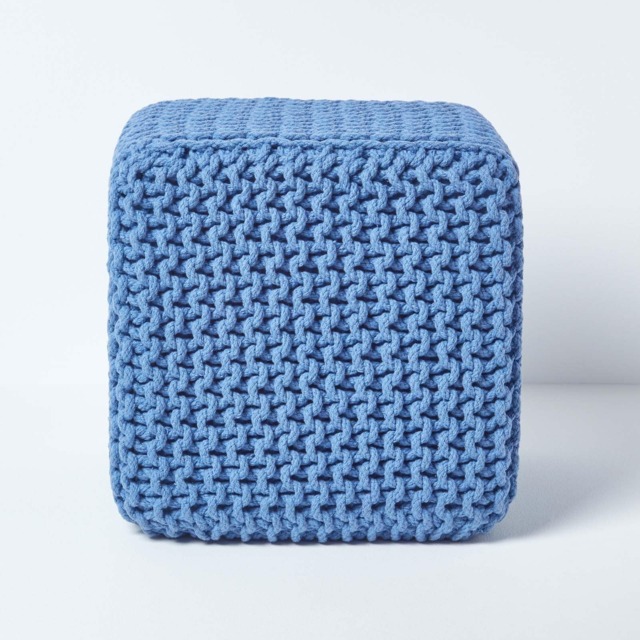 Homescapes Blue Cube Cotton Knitted Pouffe Footstool Blue 35 x 35 x 35 cm