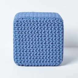 Homescapes Blue Cube Cotton Knitted Pouffe Footstool Blue 35 x 35 x 35 cm