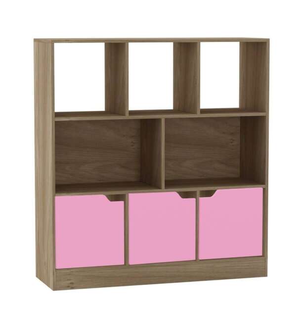 Asymmetrical 8 Cube Oak Freestanding Bookcase Shelf Storage Unit with 3 Doors Pink Plain Doors - Pink 1