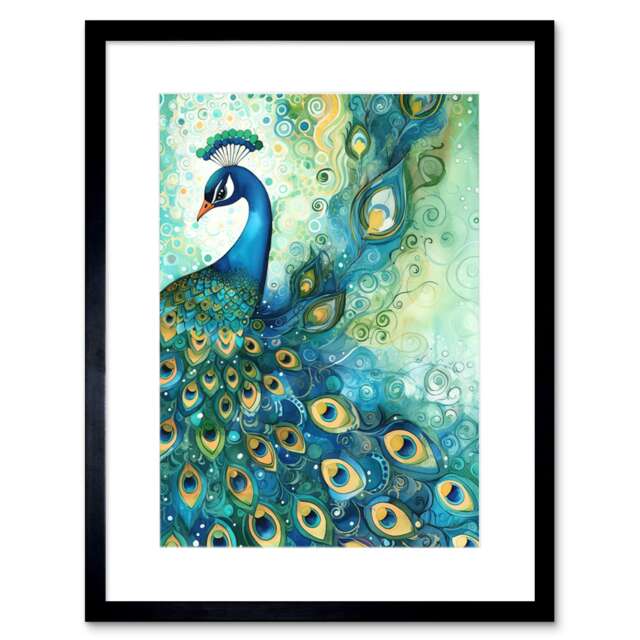 "Peacock Bird Folk Art Watercolour Painting 9x7"" Black Framed Wall Art Print"
