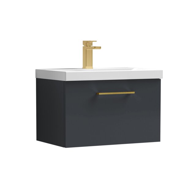 Balterley Wall Hung Bathroom 1 Drawer Vanity Unit and 1 Tap Hole Ceramic Basin, with Handle Grey Soft Black