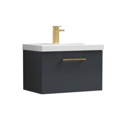 Balterley Wall Hung Bathroom 1 Drawer Vanity Unit and 1 Tap Hole Ceramic Basin, with Handle Grey Soft Black