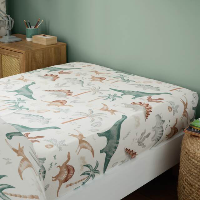 Happy Linen Company Scandi Saurus Dinosaurs Fitted Sheet Bedsheet Bedding Bed Linen White Single