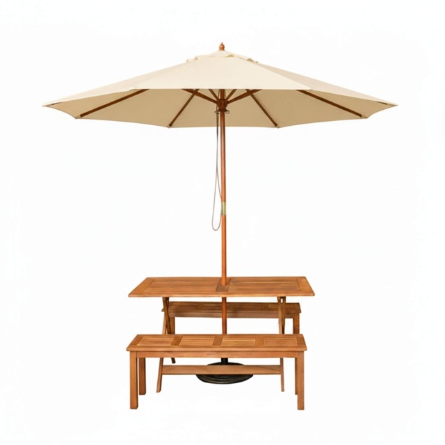 Outdoor 4 Person Rectangular Wooden Garden Dining Table, 2 Benches with Cream Parasol and Base Set