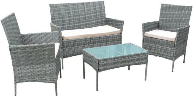 4 Piece Rattan Outdoor Furniture Sofa Table Chair Set Garden Patio Conservatory with Protective Rain Cover Available in Black or Grey
