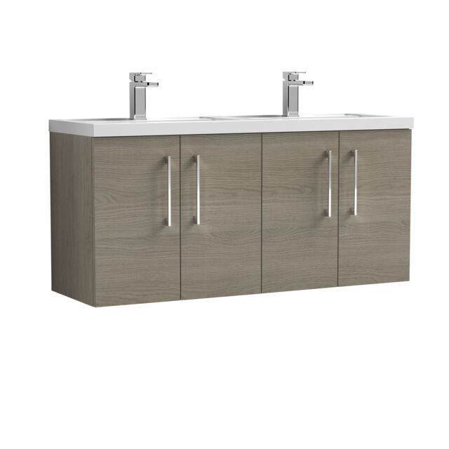 Balterley Level Wall Hung 4 Door Vanity Unit & Double Basin for Modern Bathroom Storage Brown Grey Vicenza Oak