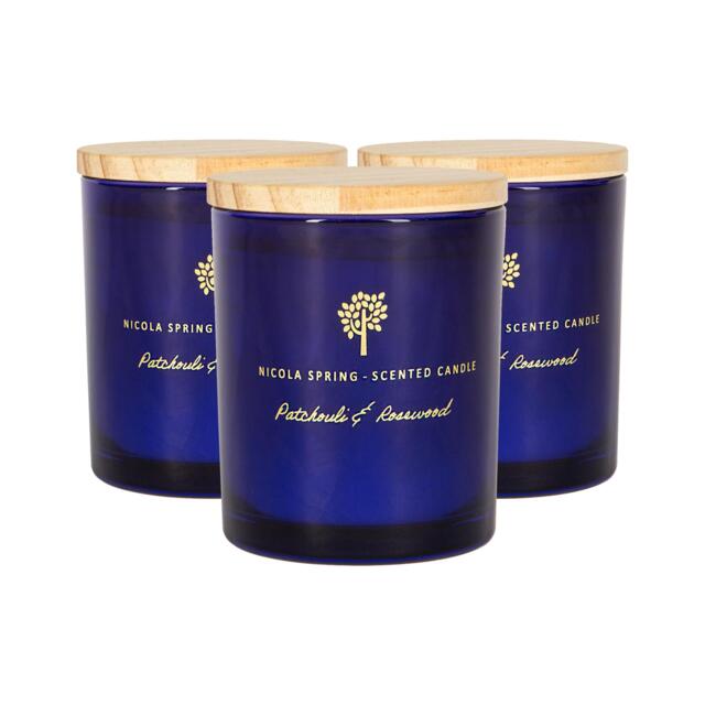 Nicola Spring Soy Wax Scented Candles - 130g - Patchouli & Rosewood - Pack of 3 Blue Blue