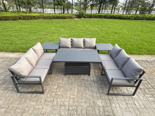 Fimous U-shaped Garden Furniture Set 9-Seater Aluminium Outdoor Dining Set with Adjustable Rising Lifting Dining Table 2 Side Tables Dark Grey