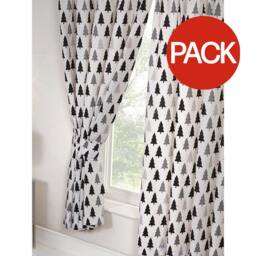 Scandi Bear Lined Forest Curtains (Pack of 2) - White/Black/Grey - 183cm x 168cm White
