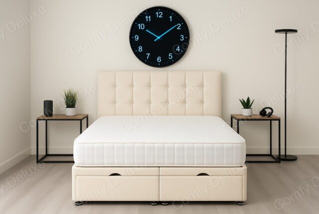 Ottoman Cube Cream Plush 3ft Single Foot Lift Bed Headboard and Mattress Set