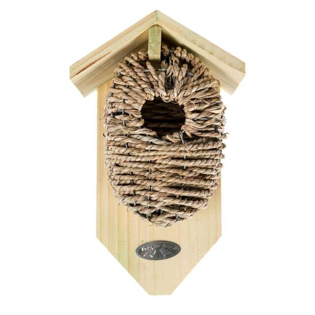 Homescapes Wooden Bird Box with Seagrass Birdnest Multi