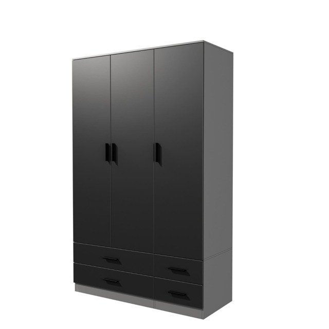 3 Door 4 Drawer Wardrobe With Hanging Rail And Storage Shelf Grey Grey Carcass & Black Door 1